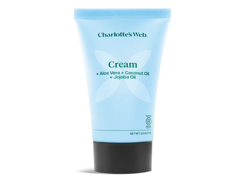 Charlotte's Web Cream moisturizer in a light blue squeeze tube with a black cap, shown on a white background.