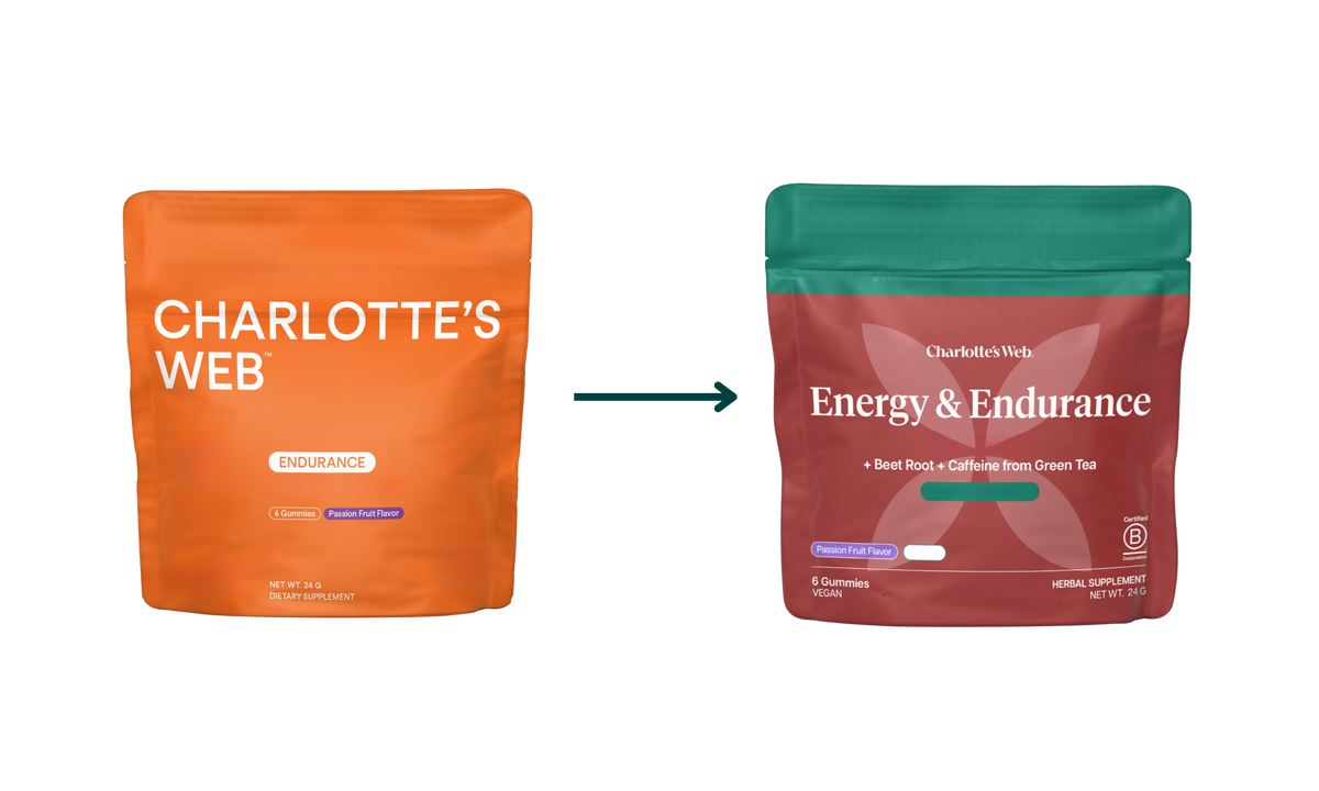 Two Charlotte's Web supplement packages, one orange and one red with green lid, on a white background.