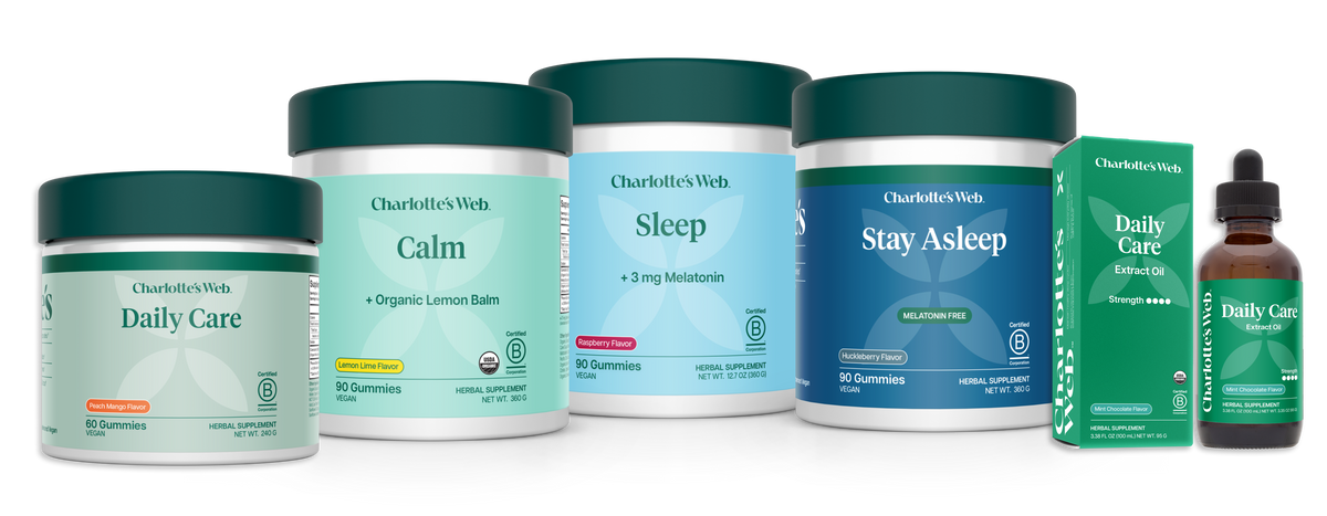 Collection of Charlotte's Web wellness products including jars, bottles, and a box on a white background.