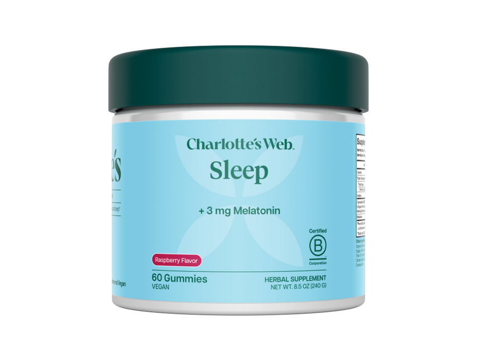 Jar of Charlotte's Web Sleep gummies with melatonin on a white background