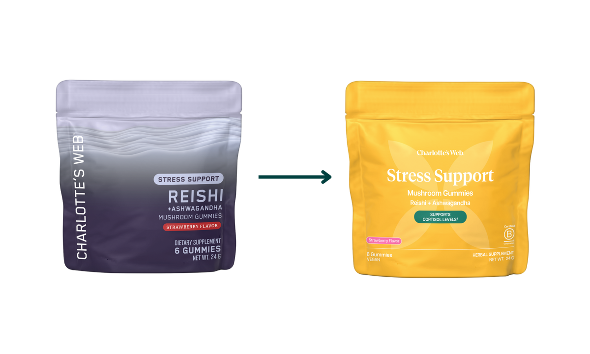 Two packages of Charlotte's Web stress support gummies, one purple and one yellow, on a white background.